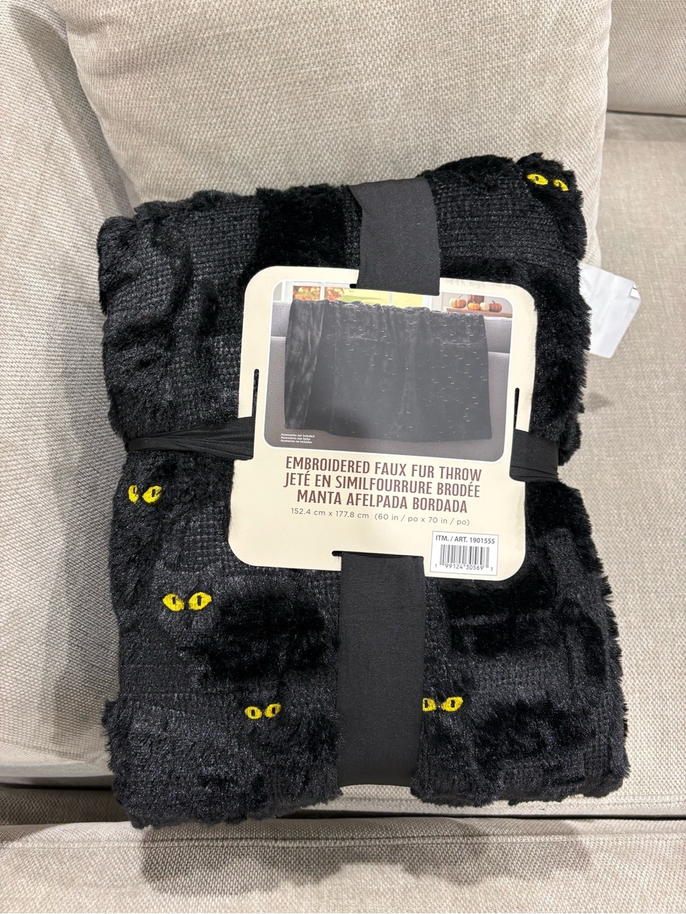 Embroidered  Black Faux Fur Throw with Yellow Cat-Eye Embroidery Halloween NWT